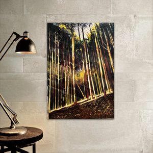 Forest landscape painting of light shining through gumtrees