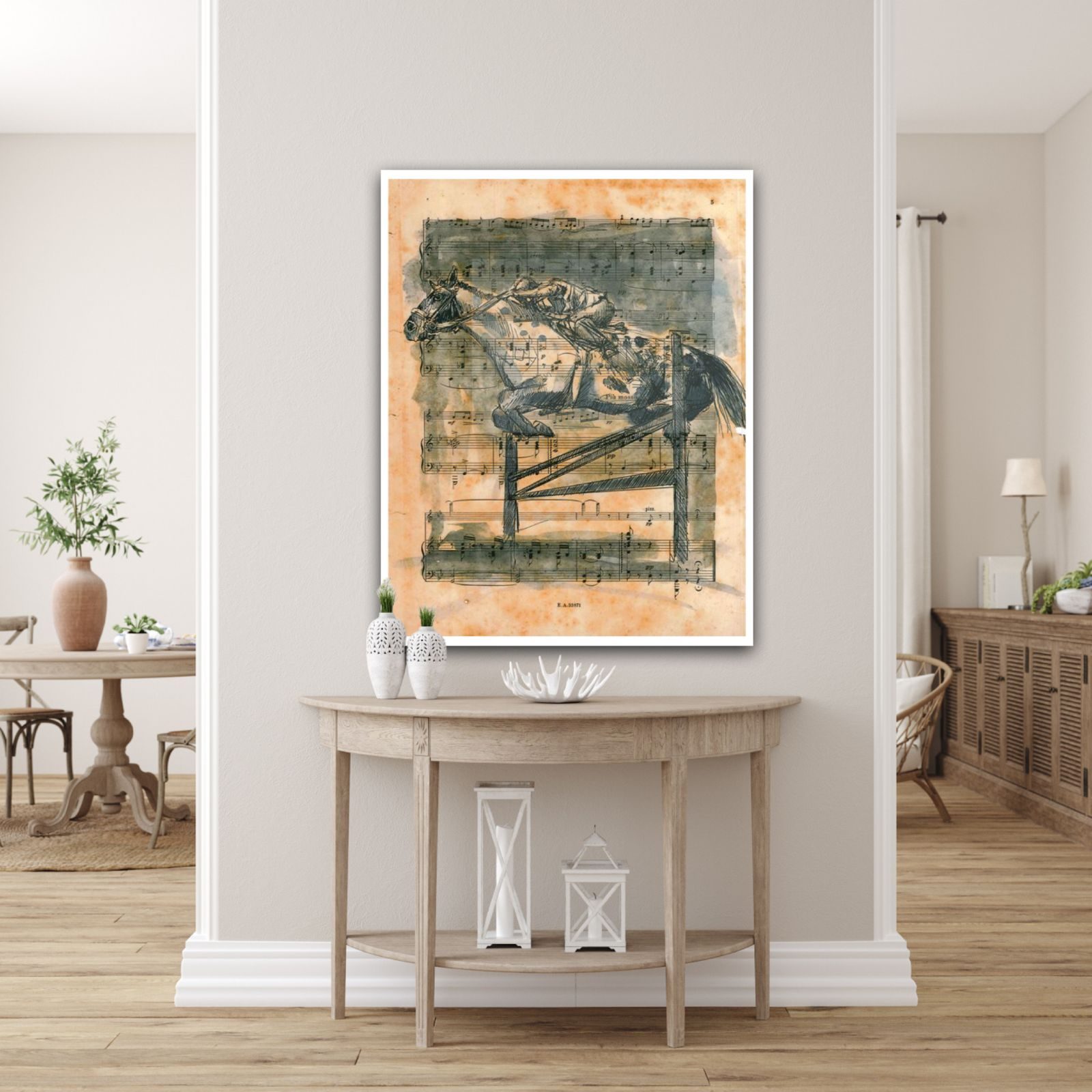 horse jumping ink print on canvas called 'pole dancing'